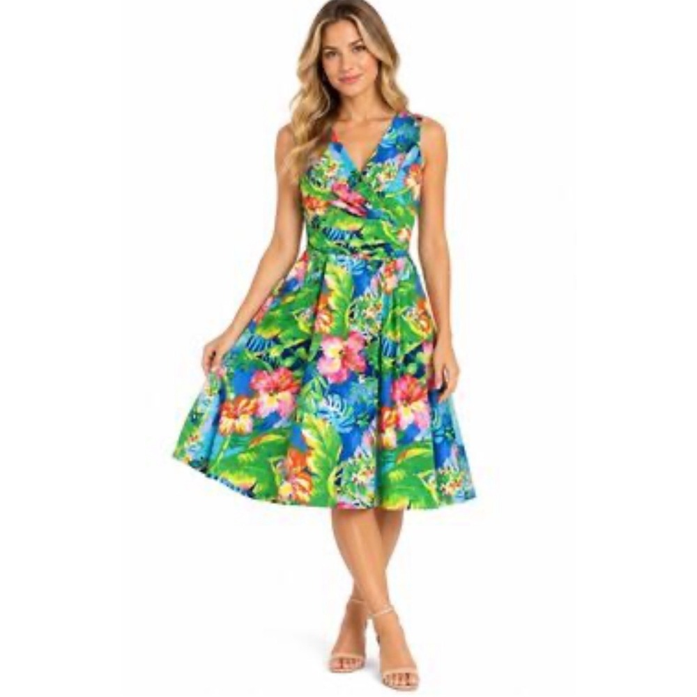 Lauren Ralph Lauren Tropical Floral V-Neck Midi Dress Green Blue Size 18 NWT